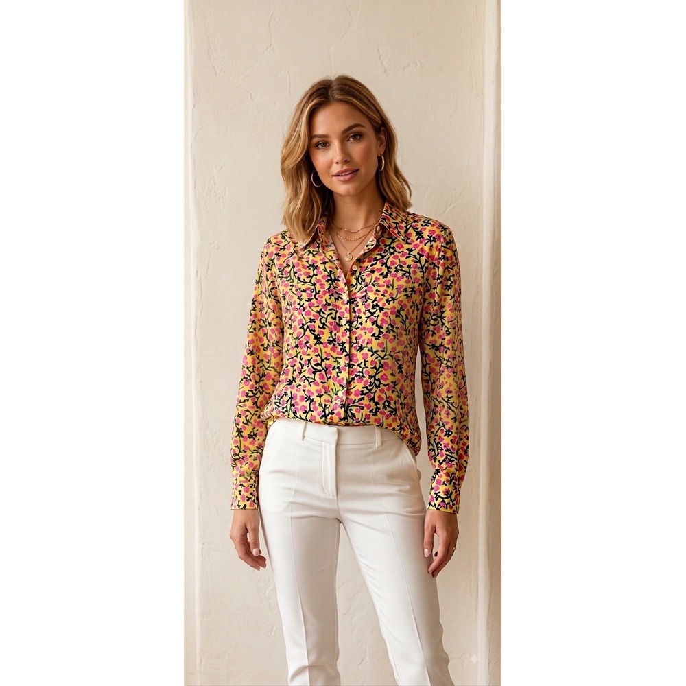 Lilly Pulitzer Yellow Pink Floral Button Down Shirt Long Sleeve Blouse Medium